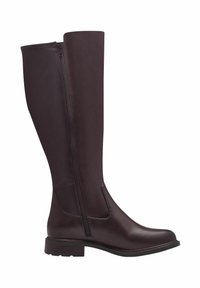 Botas marrones hasta la rodilla hechas de cuero suave, con un cierre lateral, un ligero tacón y un diseño simple que no presenta patrones o acentos destacados.