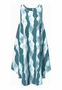 Aqua-farbenes ärmelloses Kleid mit fließendem Design, das abstrakte weiße Wellenmuster aufweist; leichtes Material und entspannter Schnitt.