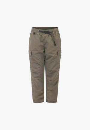 Pantalons cargo vert olive avec taille à cordon, dotés de poches latérales et d'une petite étiquette de logo. Fabriqués en matériau léger et lisse.