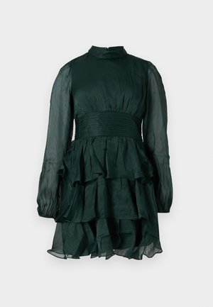 Tamsiai žalia šifono suknelė su aukštu kaklu, permatomomis ilgomis rankovėmis, prigludusia juosmens juosta ir raukšlėta sluoksniuota sijona.