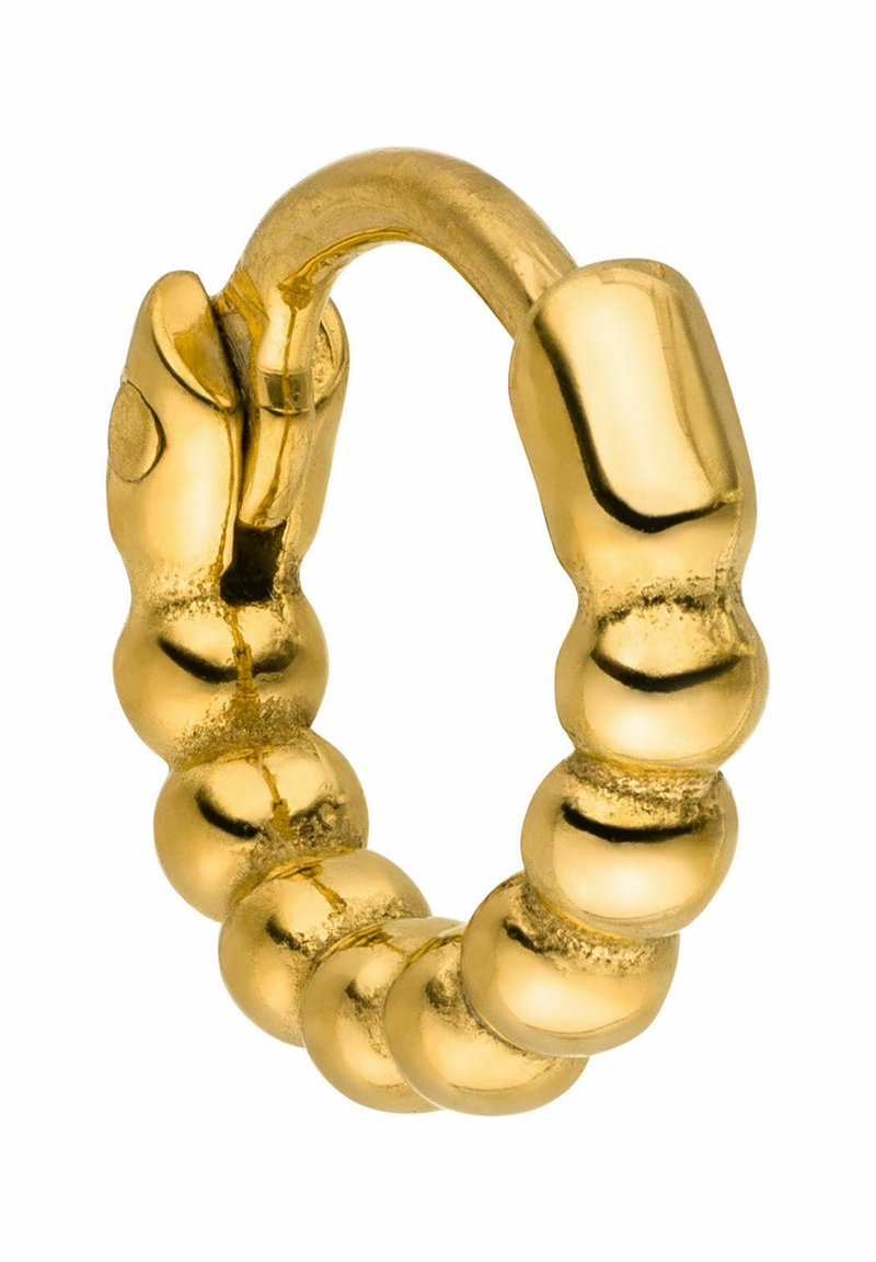 Goldene Creolen mit einem unebenen, perlenartigen Design und einer glatten, polierten Oberfläche. Verschlussmechanismus an einem Ende für einen sicheren Verschluss.