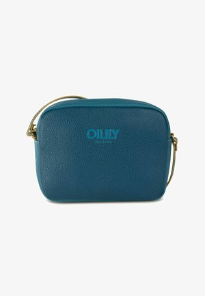 Sac bandoulière en cuir sarcelle avec une finition texturée, forme rectangulaire et ferrures dorées. Présente le logo "OILILY" affiché de manière bien visible.