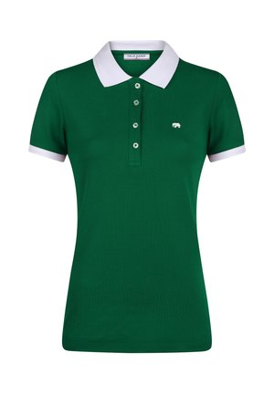 Mørkegrøn kortærmet polo med hvid krave og ærmekanter, fire knapper og lille hvid elefantlogo på brystet.