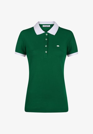 Tummanvihreä lyhythihainen poolopaita, jossa valkoinen kaulus ja hihansuut, neljä nappia ja pieni valkoinen elefanttiaiheinen logo rinnassa.