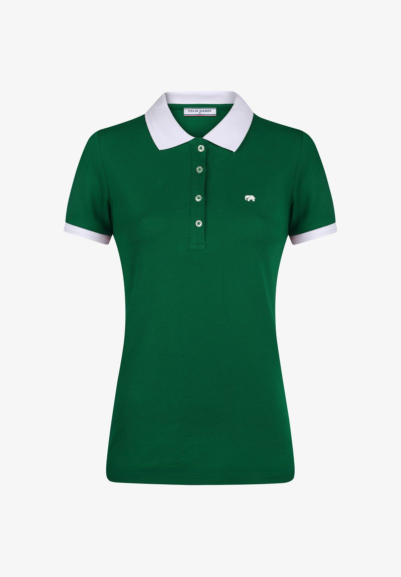 Polo manches courtes vert foncé avec col et bords de manches blancs, quatre boutons et petit logo éléphant blanc sur la poitrine.