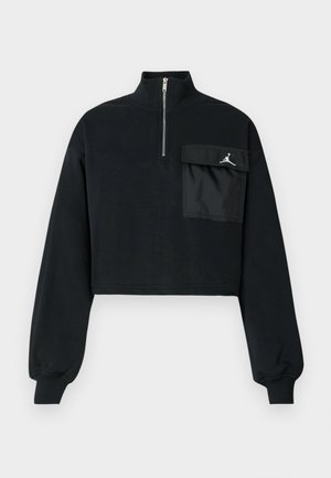Zwarte cropped sweatshirt met lange mouwen, ribgebreide manchetten, een halve rits kraag en een grote klepzak met het witte Jumpman-logo op de borst.