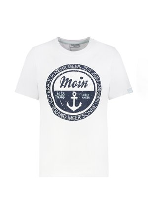 Weißes T-Shirt mit kurzen Ärmeln und einem marineblauen kreisförmigen Design mit Anker und deutschem Text, darunter "Moin" und strandbezogene Wörter.