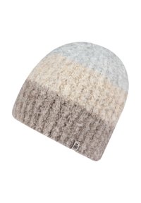 Knit beanie in a gradient of light gray, cream, and beige. Features a textured, ribbed pattern and a small brand tag on the side.
