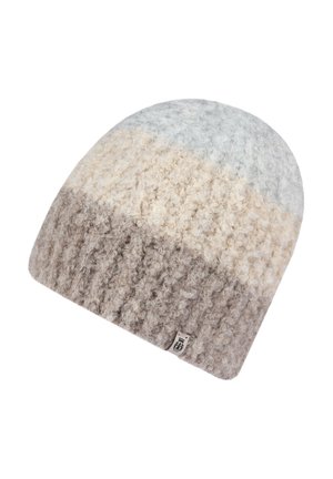 Knit beanie in a gradient of light gray, cream, and beige. Features a textured, ribbed pattern and a small brand tag on the side.