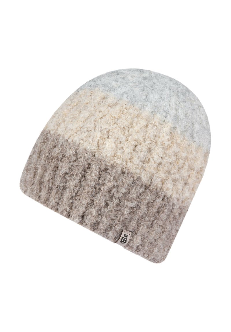 Knit beanie in a gradient of light gray, cream, and beige. Features a textured, ribbed pattern and a small brand tag on the side.