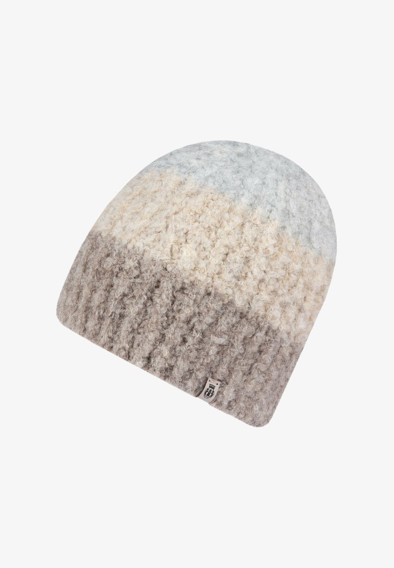 Knit beanie in a gradient of light gray, cream, and beige. Features a textured, ribbed pattern and a small brand tag on the side.