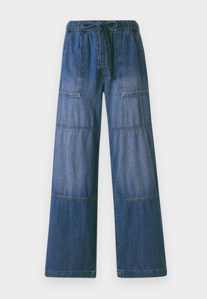 Denim wide-leg pants with a drawstring waistband, featuring two patch pockets, a light to dark gradient, and contrasting seam stitching.