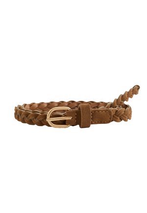 Ceinture en cuir tressé marron avec boucle en métal doré et passant en cuir cousu, posée à plat sur fond blanc.
