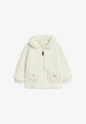Cremefarbige, flauschige Kinderjacke mit spitzenbesetztem Kragen und Taschen, die eine kleine rosa Blumenstickerei aufweisen, sowie einem Reißverschluss vorne.