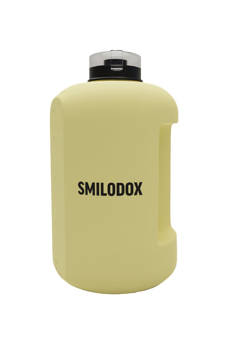 Yellow plastic water bottle with a matte finish, black screw cap, and a side handle. Features a bold "SMILODOX" logo on the front.