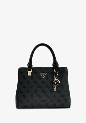 Black Guess handbag with double handles, all-over logo pattern, and gold-tone metal logo charms hanging on one handle.