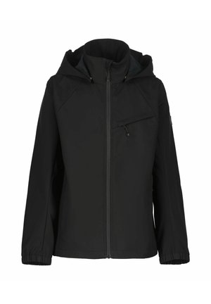 Veste noire à capuche avec fermeture éclair frontale, poche poitrine zippée en biais, manches raglan et poignets élastiques.