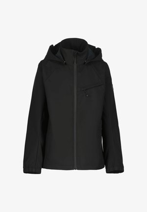 Veste noire à capuche avec fermeture éclair frontale, poche poitrine zippée en biais, manches raglan et poignets élastiques.