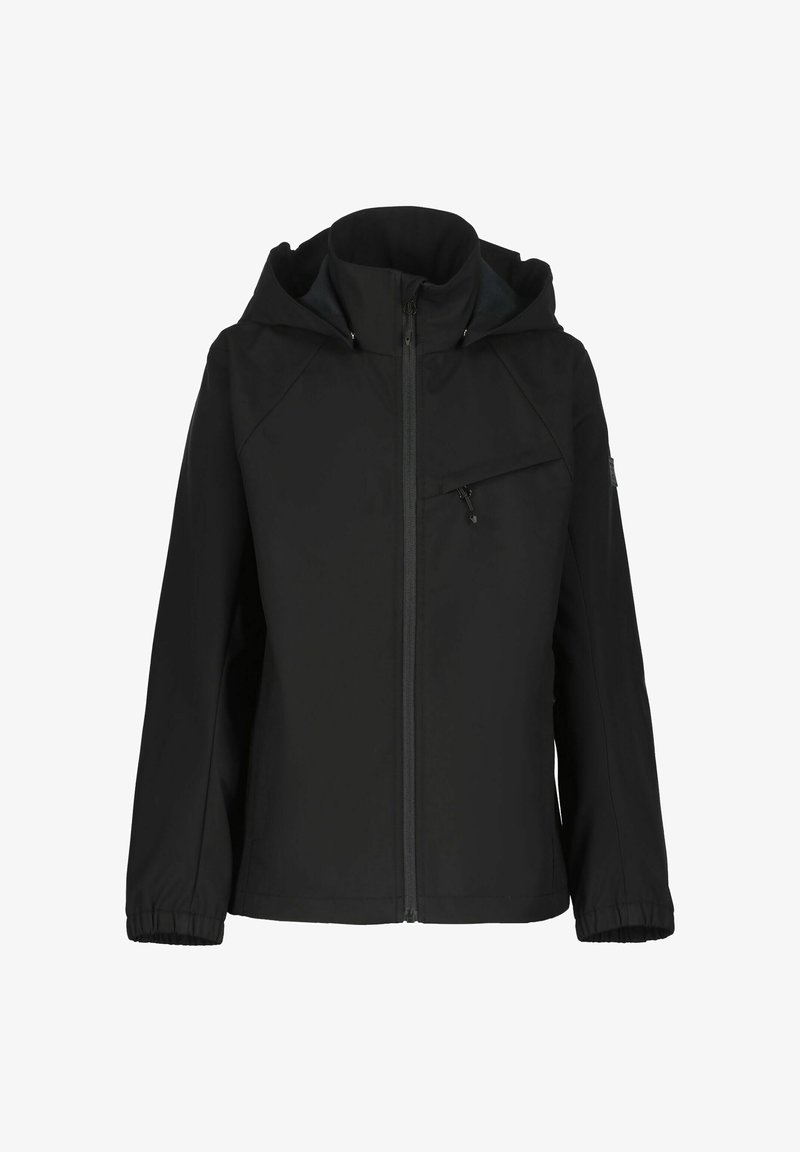 Zwarte capuchonjas met een ritssluiting aan de voorkant, een schuin geplaatste borstzak met rits, raglanmouwen en elastische manchetten.