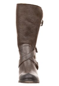 Botte en cuir marron montante avec une finition texturée, des accents de boucle et une doublure intérieure douce. Dotée d'un bout rond et de sangles croisées.