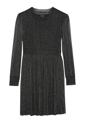 Czarna sukienka z długim rękawem z srebrzystym połyskiem, z okrągłym dekoltem, dopasowaną talią i plisowanym dołem, odpowiednia na oficjalne lub wieczorowe wyjścia.