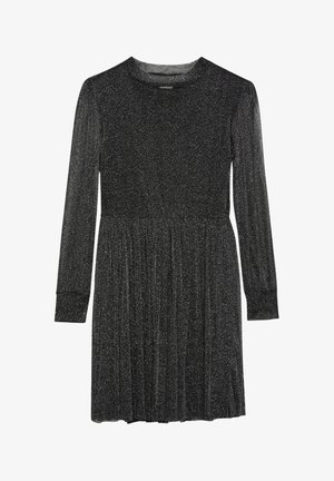 Vestido negro de manga larga con brillo plateado, cuello redondo, cintura entallada y falda plisada, adecuado para eventos formales o de noche.