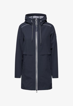 Merinauha vedenpitävä takki hupulla, jossa on täyspitkä vetoketju edessä, kaksi etutaskua ja kontrastoivia valkoisia yksityiskohtia. Sileä pinta.