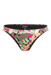 Flerfärgad bikiniunderdel med ett blommönster i gröna löv samt rosa och persikofärgade accenter. Tillverkad av elastiskt badtyg.