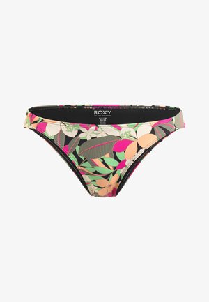 Többszínű bikini alsó, virágmintával, zöld levelekkel és rózsaszín, barack színű kiegészítésekkel. Rugalmas fürdőruha anyagból készült.