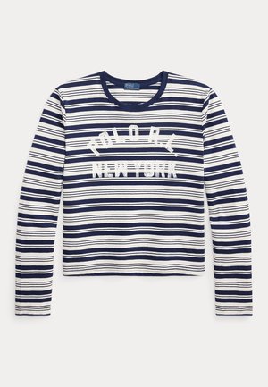 Langarm-Shirt in Marineblau und Weiß gestreift mit weißem Schriftzug „POLO RL NEW YORK“ auf der Vorderseite und rundem Ausschnitt.