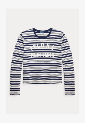 Koszulka z długim rękawem w granatowo-białe paski z białym napisem „POLO RL NEW YORK” na przodzie i okrągłym dekoltem.