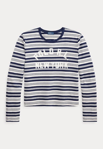 Chemise à manches longues rayée bleu marine et blanc avec le texte "POLO RL NEW YORK" en blanc sur le devant et un col rond.