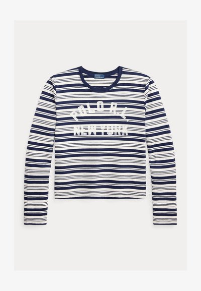 Chemise à manches longues rayée bleu marine et blanc avec le texte "POLO RL NEW YORK" en blanc sur le devant et un col rond.