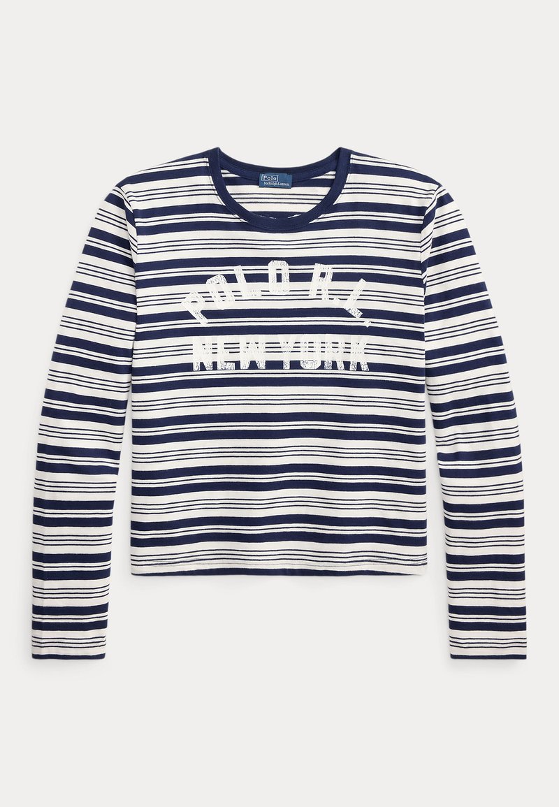 Langærmet marineblå og hvidstribet skjorte med teksten "POLO RL NEW YORK" i hvid på forsiden og rund halsudskæring.