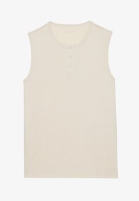 Beige ilmanhiha-toppi, joka on valmistettu pehmeästä puuvillasta. Siinä on pyöreä pääntie ja kolme koristeellista nappia etuosassa. Sujuva pinta.