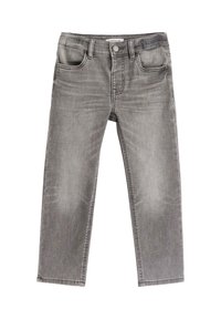 Grå denimjeans med lige ben, fem lommer, sømløst vask og syninger. Har en lukning med knap og lynlås.