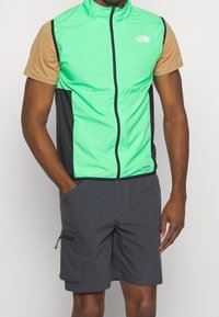 Chaleco sin mangas verde con paneles laterales negros y cremallera frontal, usado sobre una camiseta marrón, combinado con pantalones cortos de carga grises.