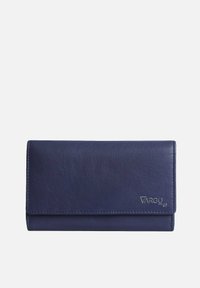 Navy leather wallet with a smooth texture, rectangular shape, vertical seam accents, and a subtle logo in the bottom corner.