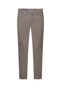 Slim-fit brown denim trousers with five pockets, metal button closure, belt loops, and subtle texture throughout the fabric.