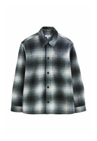 Camicia flanella a scacchi in bianco e nero con colletto aperto, maniche lunghe, chiusura a bottoni e tasca sul petto. Tessuto morbido e texture lavorata.