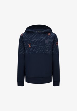Navy blue hoodie with a geometric pattern, featuring orange accents. Made of soft fabric, it has a front pocket and a drawstring hood.