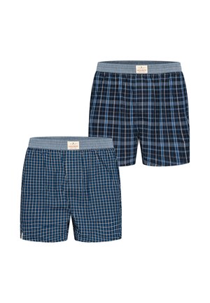 Twee paar heren geruite boxershorts, één in donkerblauw en lichtblauwe ruiten, de andere in marineblauw met witte en beige ruiten, beide met grijze taillebanden.