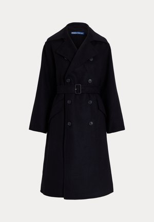 Trench coat duplo em lã azul marinho escuro com lapelas largas, mangas longas, bolsos laterais e um cinto na cintura.