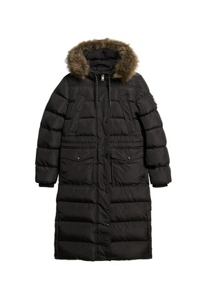 Abrigo negro tipo puffer con capucha forrada de fur, presenta un diseño acolchado, dos bolsillos frontales y un cierre completo de cremallera.