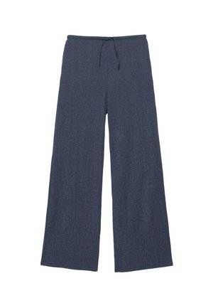 Marineblå strikkede bukser med vide ben, elastisk taljebånd og snor til justering, vist fladt mod en hvid baggrund.