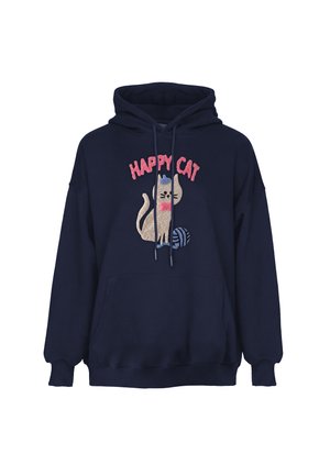 Sweat à capuche bleu marine avec poche avant, avec un chat beige portant un chapeau bleu et un nœud rose, une pelote de laine bleue et le texte "HAPPY CAT" en rose au-dessus.