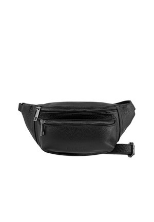 Czarna skórzana nerka z dwoma zamykanymi na zamek przedziałami i regulowanym paskiem, teksturowana powierzchnia, tłoczona nazwa marki "Ryleno" z przodu.