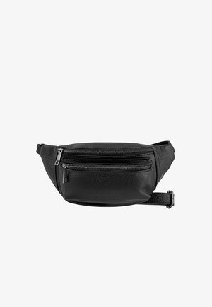 Czarna skórzana nerka z dwoma zamykanymi na zamek przedziałami i regulowanym paskiem, teksturowana powierzchnia, tłoczona nazwa marki "Ryleno" z przodu.