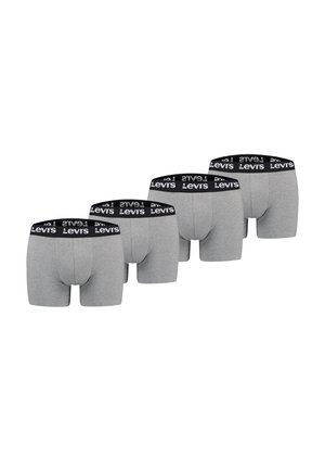 Vier graue Herrenboxershorts mit schwarzen Bündchen und weißen Levi's-Logos, die nebeneinander auf weißem Hintergrund angezeigt werden.