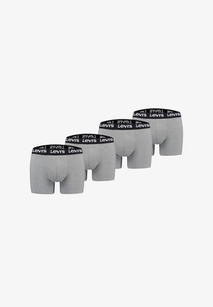 Vier graue Herrenboxershorts mit schwarzen Bündchen und weißen Levi's-Logos, die nebeneinander auf weißem Hintergrund angezeigt werden.